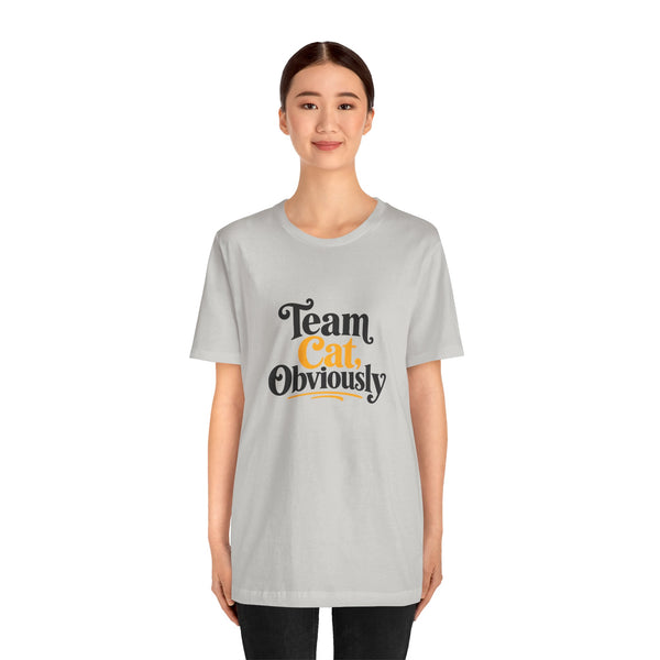Light gray crew-neck T-shirt with 'Team Cat, Obviously' cat graphic