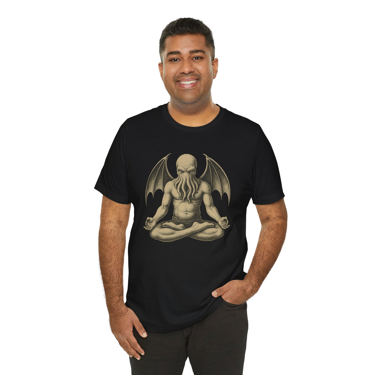 Unisex black T-shirt with large gold meditating sea-creature front graphic