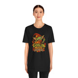 Black crewneck T-shirt with “Goblin Mode” goblin graphic, crew neckline