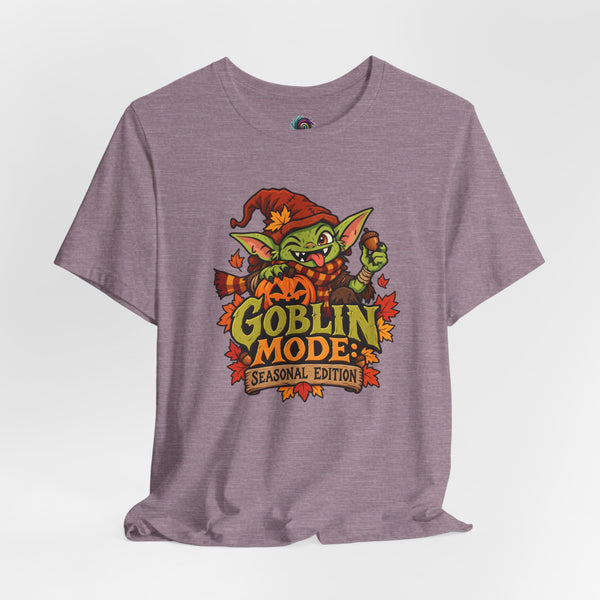Heather purple Goblin Mode seasonal graphic t-shirt with crew neck