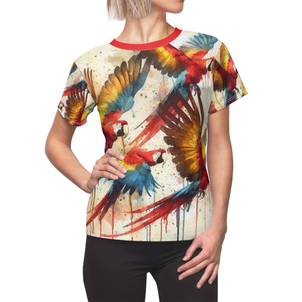 Tropical bird watercolor T-shirt with red crew neck and all-over macaw print