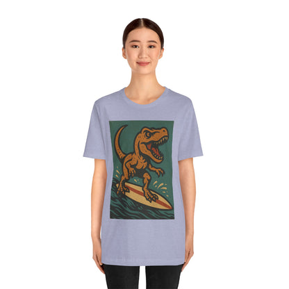Surfing T-Rex T-Shirt – Funny Dinosaur Graphic Tee for Summer Vibes - WhimSpin - https://whimspin.com