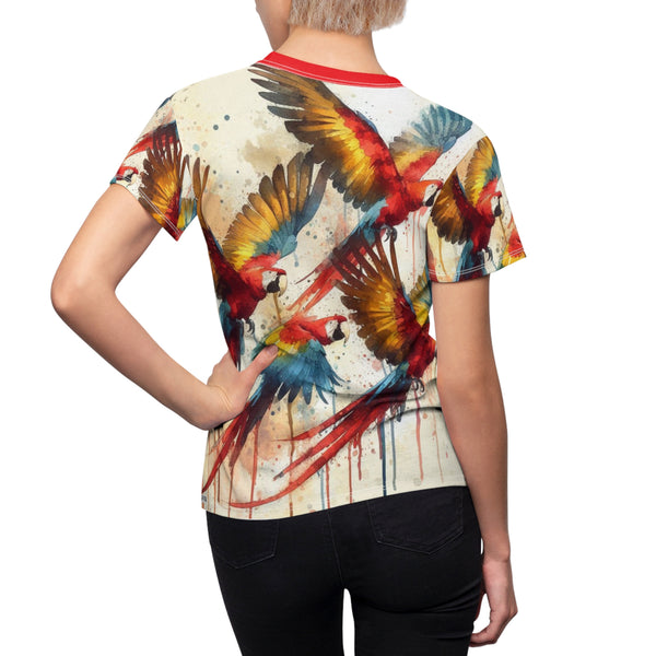 Back/side view of tropical bird watercolor T-shirt with red crew neck