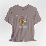 Funny egg dealer chicken T-shirt in heather mauve, front graphic and crew neck