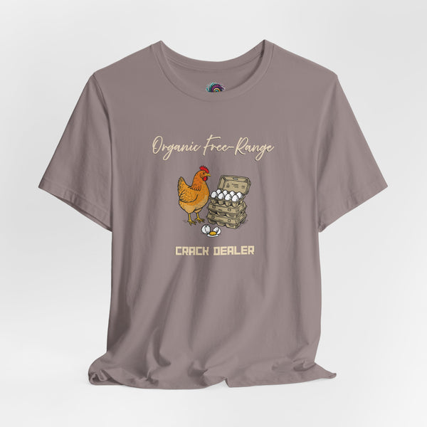 Funny egg dealer chicken T-shirt in heather mauve, front graphic and crew neck