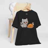 Black crew-neck t-shirt on hanger with cat and turkey graphic