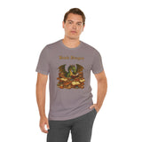 Gray crewneck T-shirt on model, dragon and books graphic at chest level