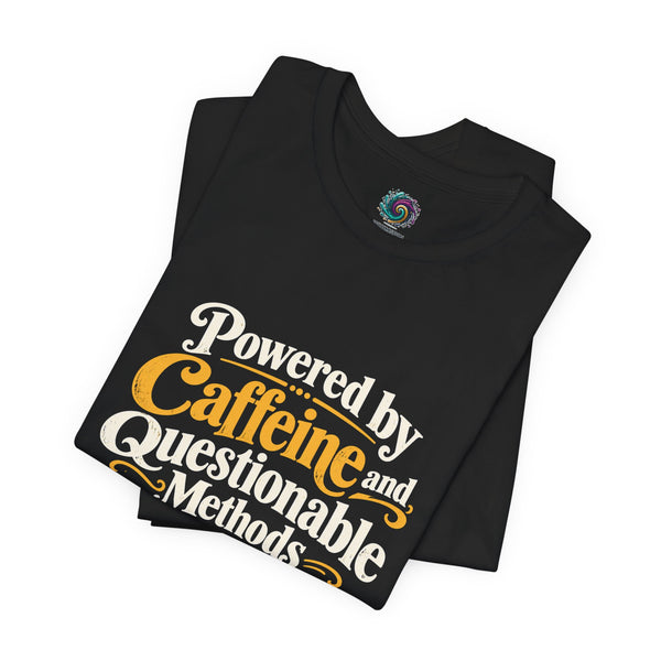 Black crewneck T-shirt with caffeine methods logo graphic, folded