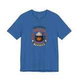 Royal blue crew-neck T-shirt with colorful pumpkin-spice coffee graphic on the chest