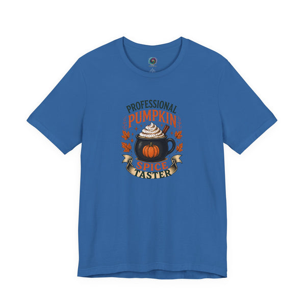 Royal blue crew-neck T-shirt with colorful pumpkin-spice coffee graphic on the chest