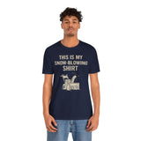 Navy snow-blowing slogan T-shirt with “THIS IS MY SNOW-BLOWING SHIRT” front design