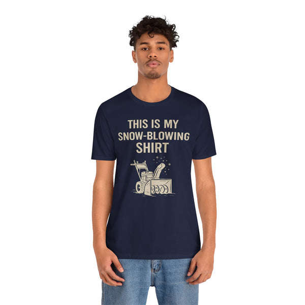 Navy snow-blowing slogan T-shirt with “THIS IS MY SNOW-BLOWING SHIRT” front design