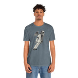Heather slate unisex graphic t-shirt on male model, front view with skeleton bat print