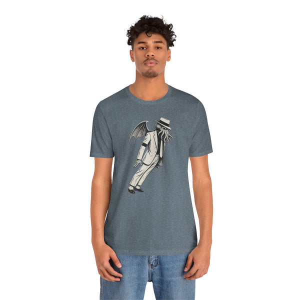 Heather slate unisex graphic t-shirt on male model, front view with skeleton bat print