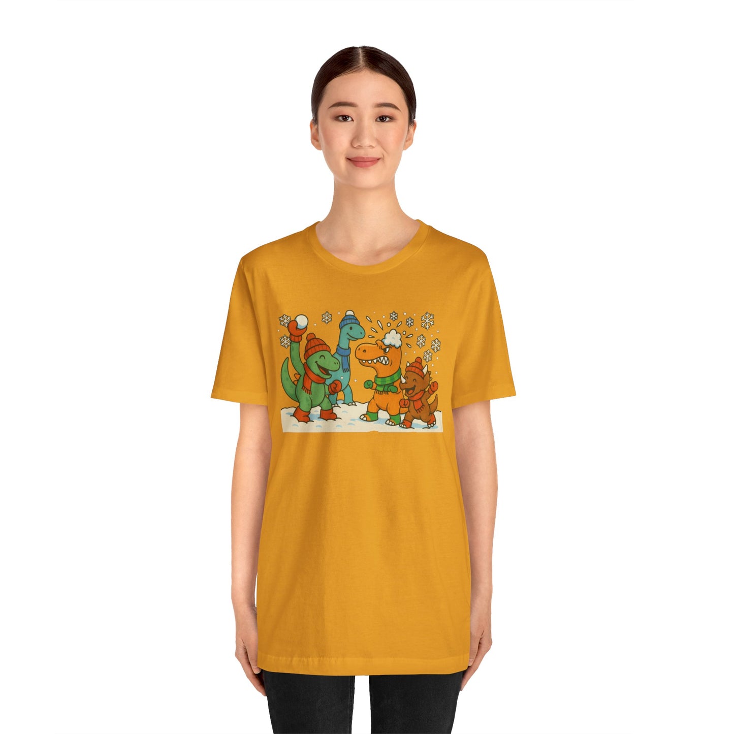 Dinosaur Snowball Fight T-Shirt – Funny Winter Dino Graphic Tee