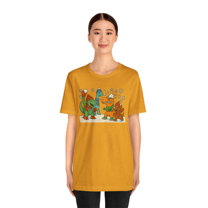 Dinosaur Snowball Fight T-Shirt – Funny Winter Dino Graphic Tee