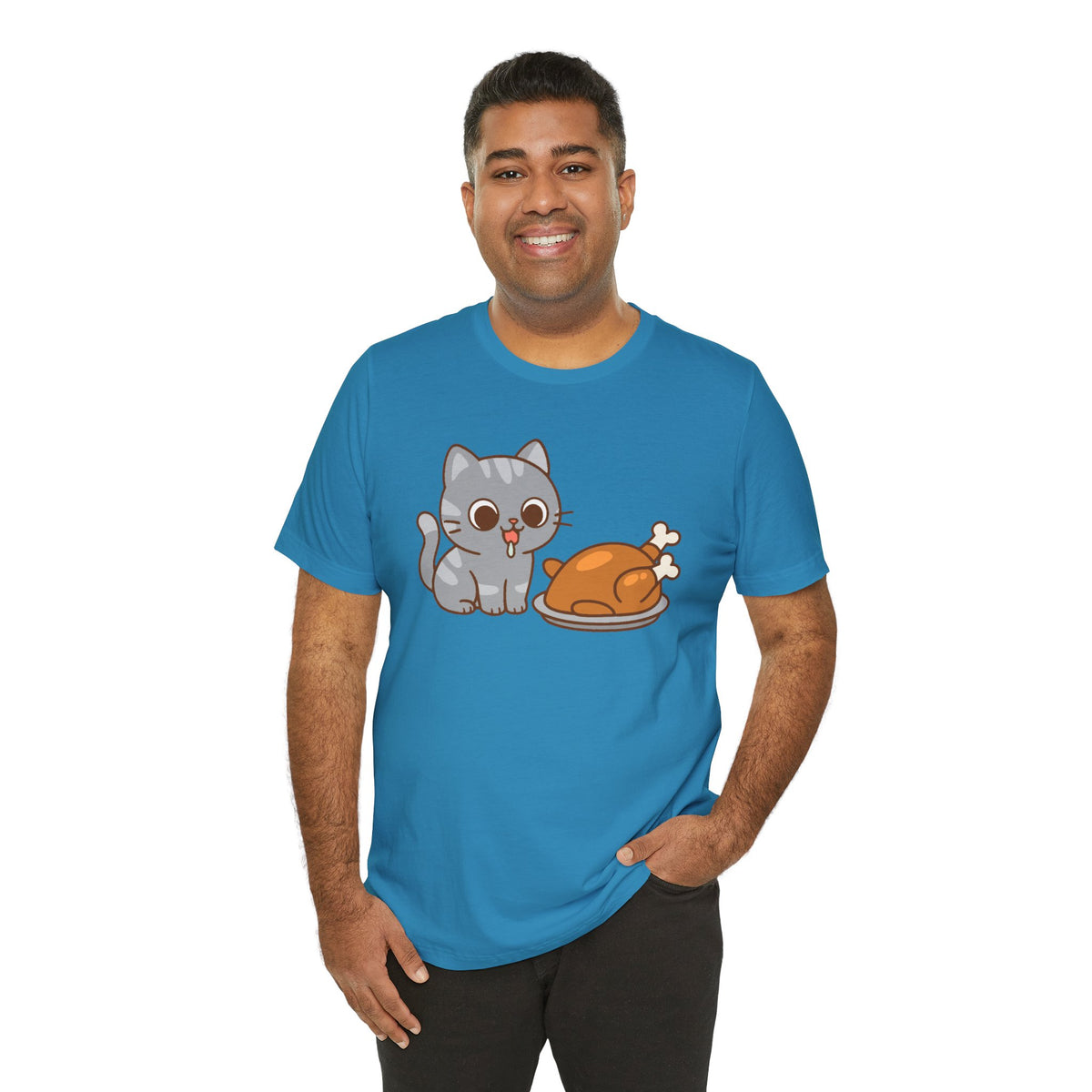 Aqua crew-neck t-shirt with cute gray cat and orange turkey graphic on chest