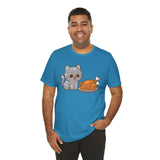 Aqua crew-neck t-shirt with cute gray cat and orange turkey graphic on chest