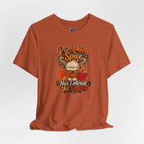 Rust short-sleeve graphic t-shirt with Pumpkin Spice coffee cup and leaves