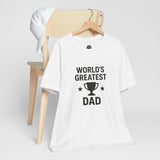 White T-shirt with rainbow-accented trophy and 'World's Greatest Dad' text