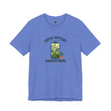 Blue garden mode t-shirt with 'Social Battery' and 'Garden Mode' plant design