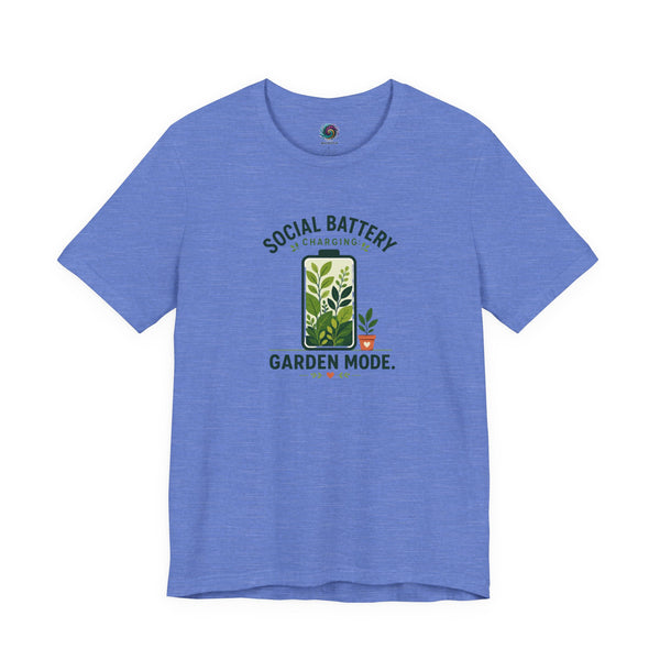 Blue garden mode t-shirt with 'Social Battery' and 'Garden Mode' plant design