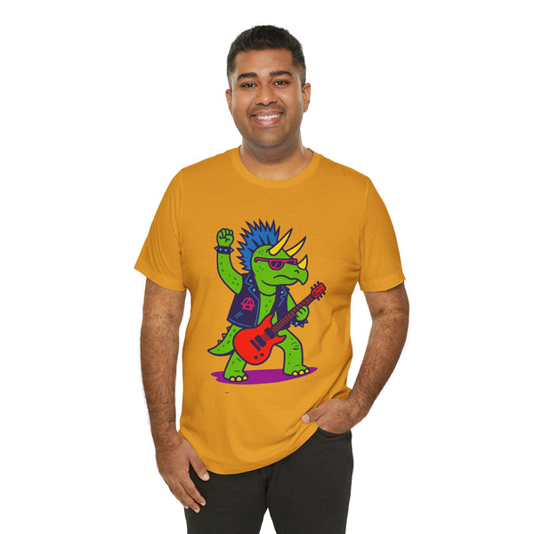Mustard yellow t-shirt with punk triceratops holding red electric guitar graphic
