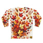 Back view of white crewneck pullover sweatshirt with all-over autumn leaf print