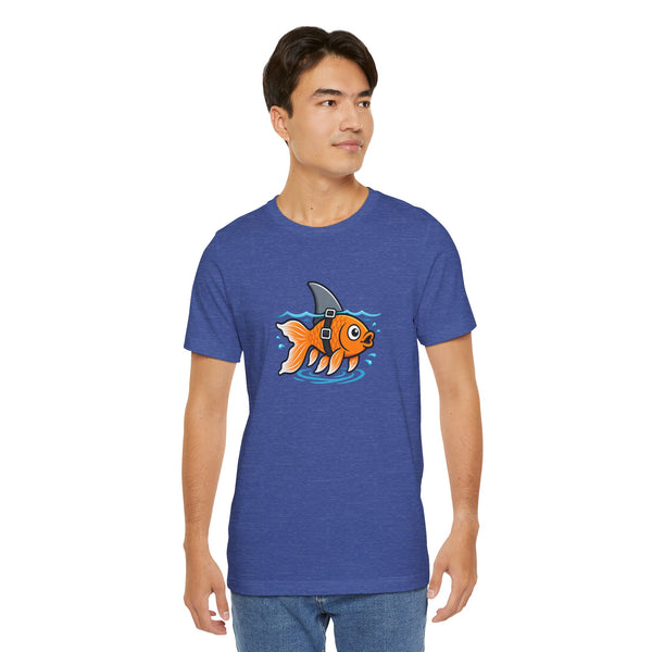 Blue short-sleeve crew-neck T-shirt with orange fish-shark graphic on chest