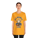 Gold T-shirt with caffeine cup and books 'All-Nighter Club' graphic