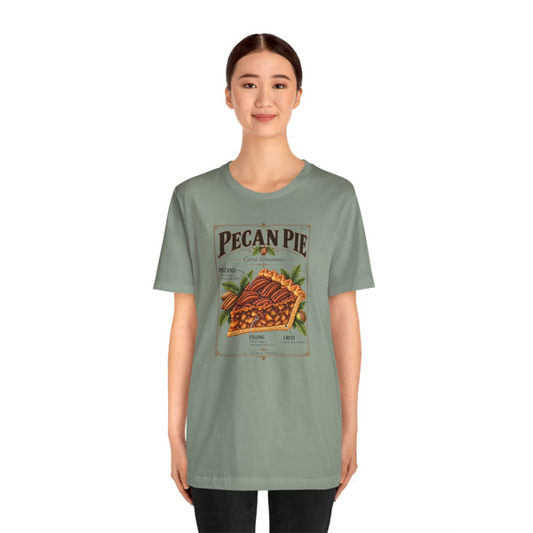Sage green crewneck T-shirt with pecan pie anatomy graphic at center chest.