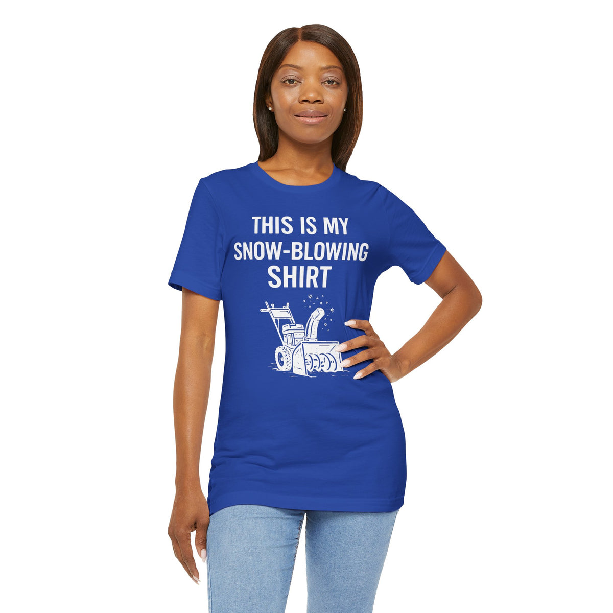 Royal blue snow-blowing T-shirt with white text and snowblower illustration, side view