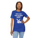 Royal blue snow-blowing T-shirt with white text and snowblower illustration, side view