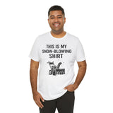White crewneck T-shirt with snow-blowing graphic and front slogan