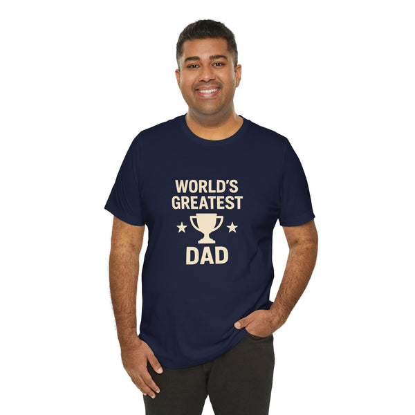 Navy crew-neck T-shirt with front “WORLD’S GREATEST DAD” trophy graphic