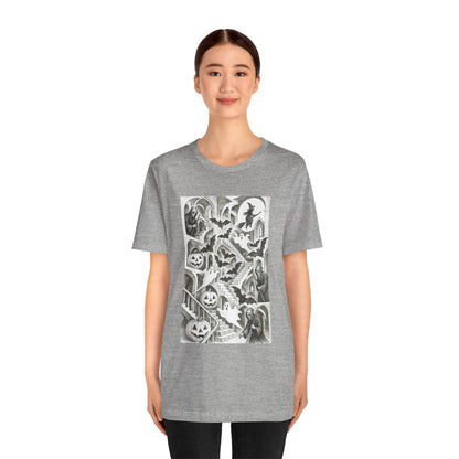 Haunted Hallways T-Shirt – Escher-Inspired Halloween Graphic Tee