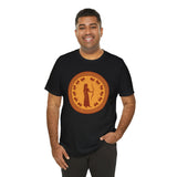 Black crew-neck t-shirt with orange circular Greek myth figure graphic on chest