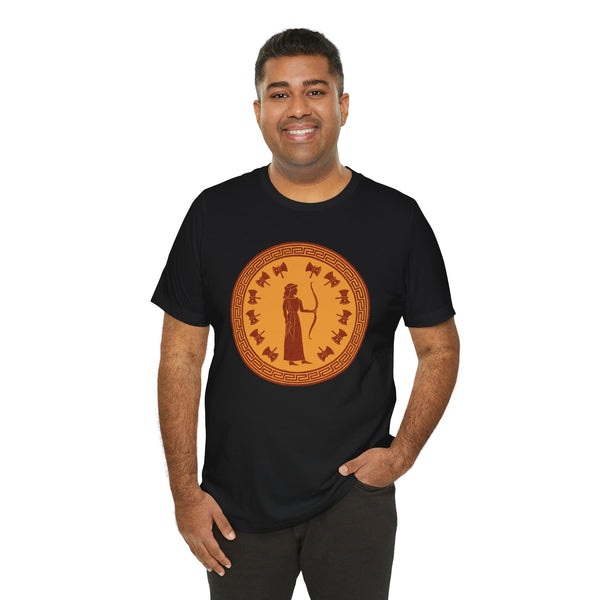 Black crew-neck t-shirt with orange circular Greek myth figure graphic on chest