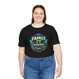 Black crewneck T-shirt with “Family IT Department” chest graphic on a plus-size model