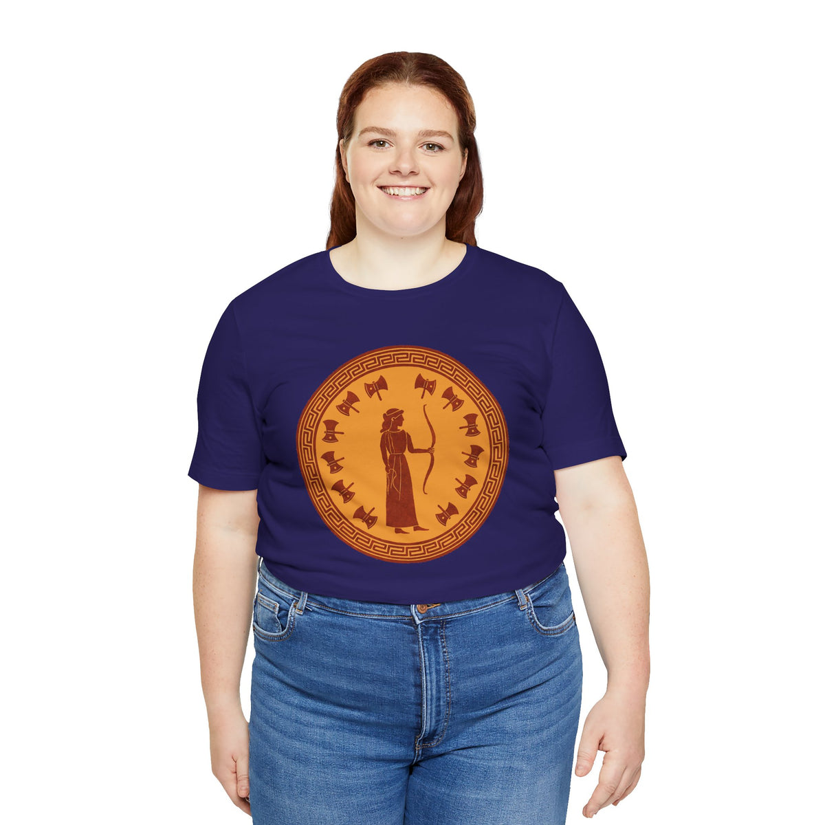 Navy crewneck T-shirt with centered circular orange Greek-style figure logo on front