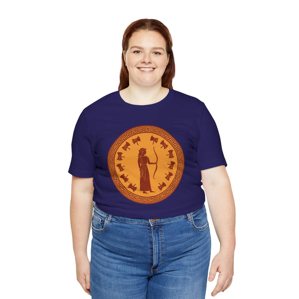 Navy crewneck T-shirt with centered circular orange Greek-style figure logo on front