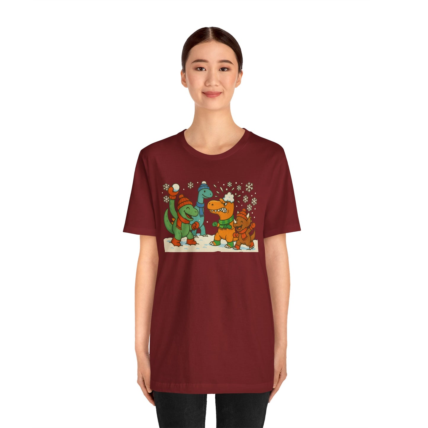 Dinosaur Snowball Fight T-Shirt – Funny Winter Dino Graphic Tee
