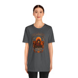 Dark gray short-sleeve T-shirt with orange sci-fi spice character graphic