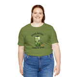 Olive green T-shirt with “Garden Mode” plant battery text graphic on chest