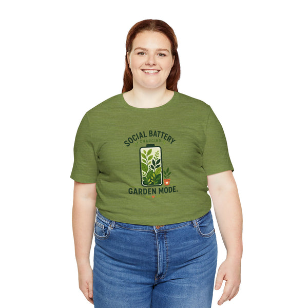 Olive green T-shirt with “Garden Mode” plant battery text graphic on chest
