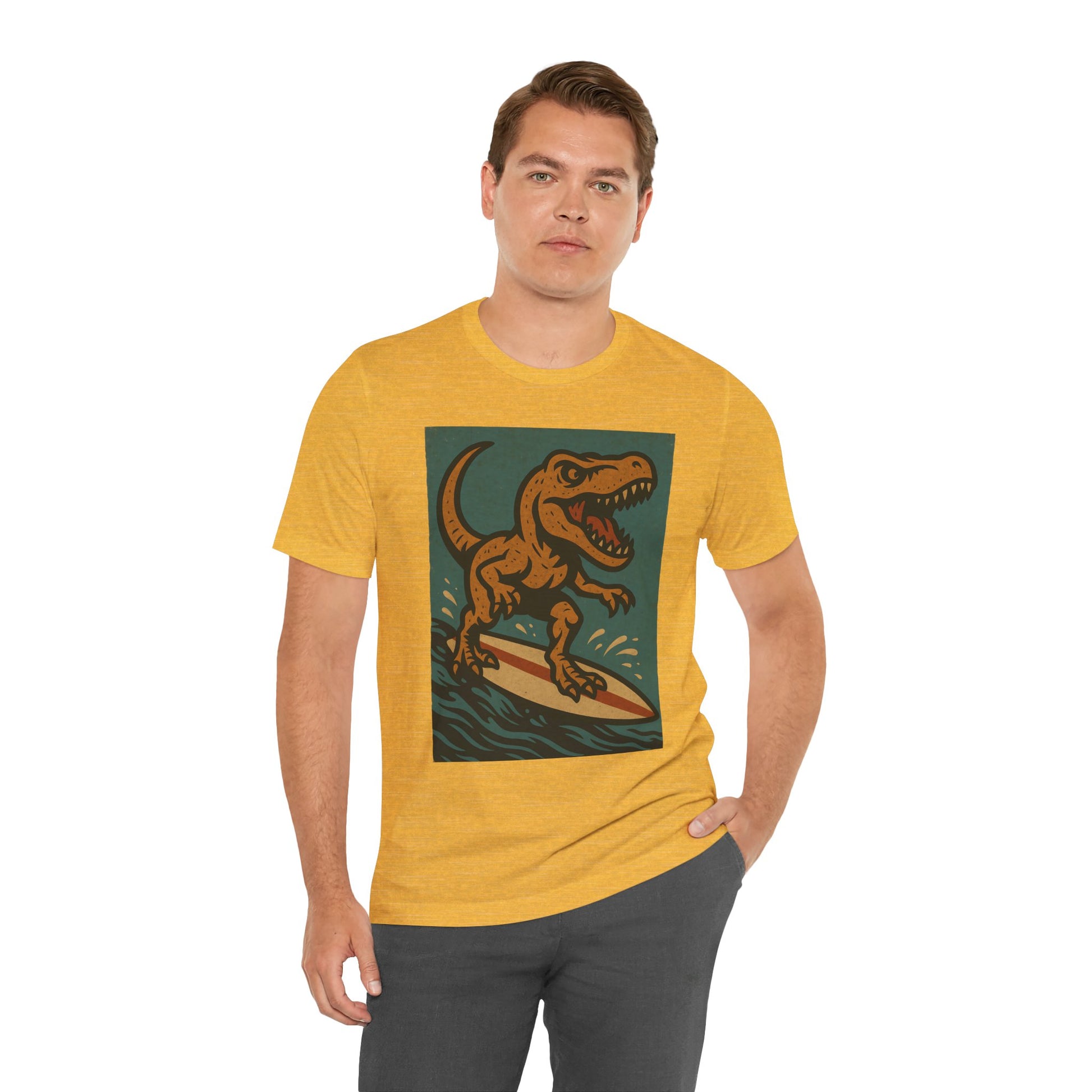 Surfing T-Rex T-Shirt – Funny Dinosaur Graphic Tee for Summer Vibes - WhimSpin - https://whimspin.com