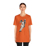 Orange short-sleeve T-shirt with front print of a character holding a top hat