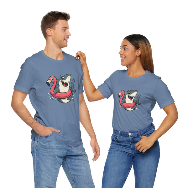 Blue crew-neck T-shirt with shark and flamingo graphic; two people wearing