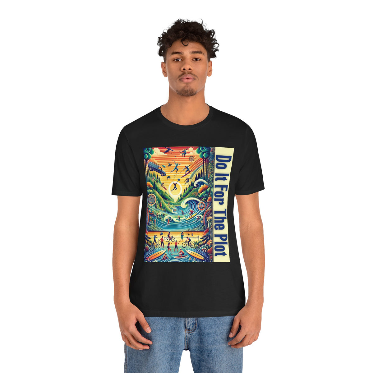 Black crew-neck graphic t-shirt with colorful square print and vertical blue text stripe