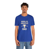 Blue short-sleeve T-shirt with “WORLD’S GREATEST DAD” trophy graphic on front